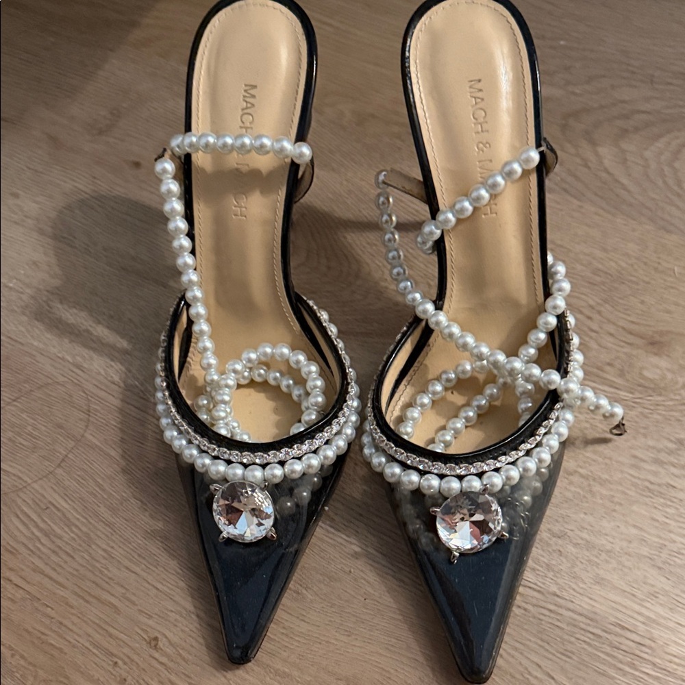 MACH & MACH Black Heels with Pearl and Crystal Accents